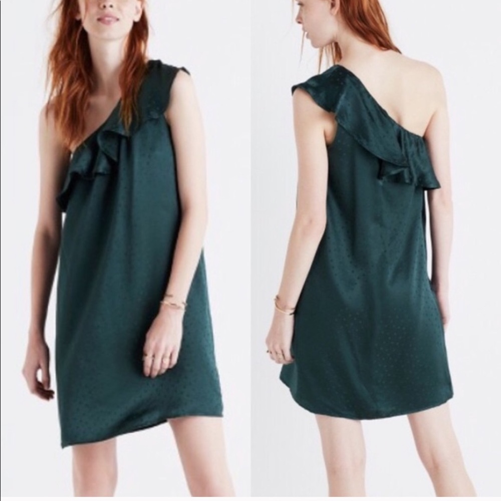 Madewell one shoulder Forrest green silk dress